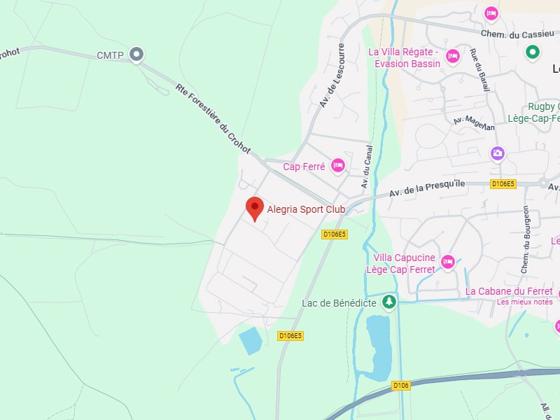 Plan de Lège-Cap-Ferret centré sur Alegria Sport Club, Lac de Bénédicte, avec les routes D106, D106E5, Av. de la Presqu'île et la forêt.
