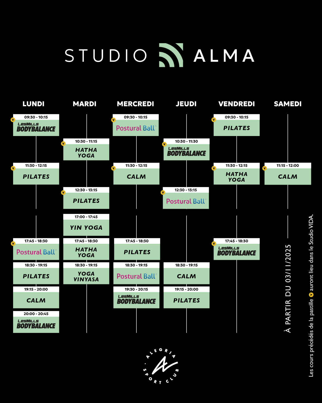 Planning Studio Alma : Lundi au Samedi. Cours : Pilates, Hatha Yoga, Postural Ball, LesMills Bodybalance, CALM. Début 03/11/2025.